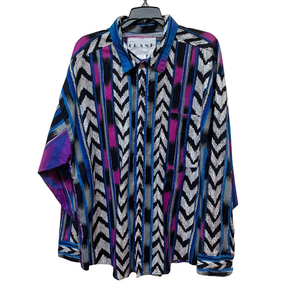 VTG 90s Frank Western Aztec Tribal All over Print Bright Color Button Up Shirt L